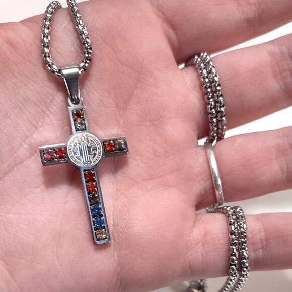 Silver Catholic Cross Necklace Jesus Gemstone Christian Christmas Birthday Gift